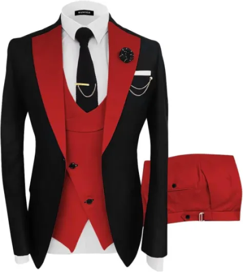 Mens Suit 3 Piece Slim Fit Suits for Men Wedding Prom Tuxedo for Men Formal Business Suit Small Black-red