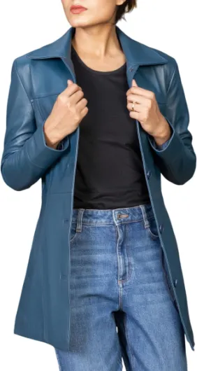 Casual Car Coat Lambskin Leather Jacket Women – ¾ Length Blazer Overcoat Style Leather Long Coat Women Blue 3X-Large