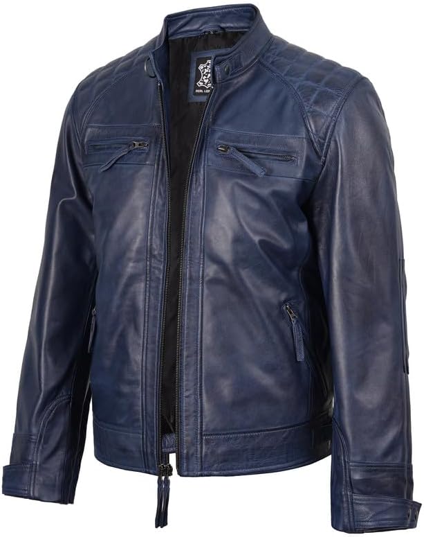 Leather Jacket Men - Cafe Racer Style Real Lambskin Leather Jackets For Men 3X-Large D1 - Men Blue Leather Jacket