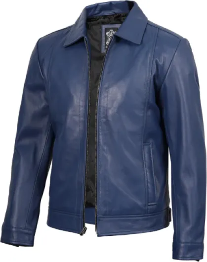 Mens Leather Jacket - Real Lambskin Classic Vintage Style Leather Jackets For Men Large Jose - Blue Leather Jacket