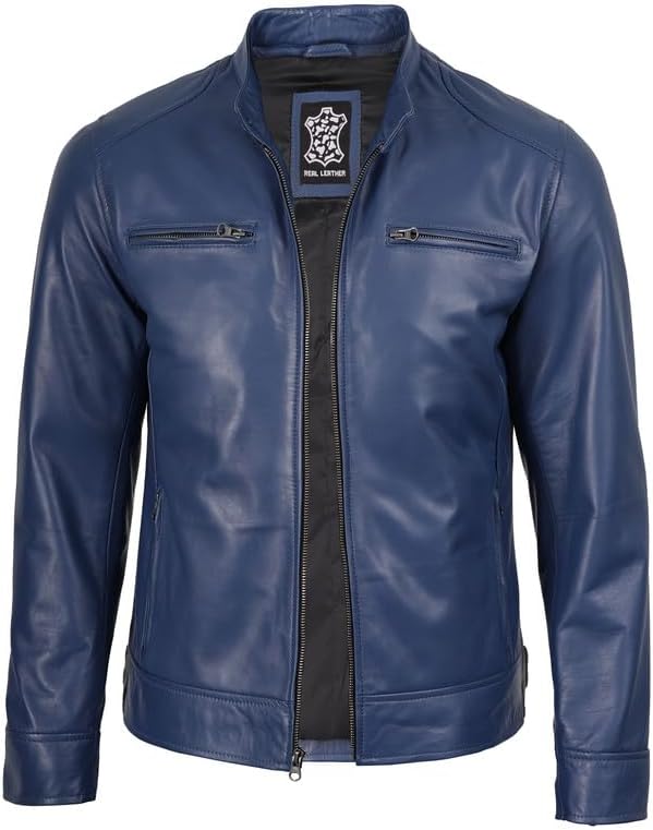 Mens Leather Jacket - Cafe Racer Style Real Lambskin Leather Jacket Men Small Blue - Ddge Leather Jacket Men