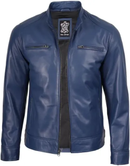 Mens Leather Jacket - Cafe Racer Style Real Lambskin Leather Jacket Men Small Blue - Ddge Leather Jacket Men