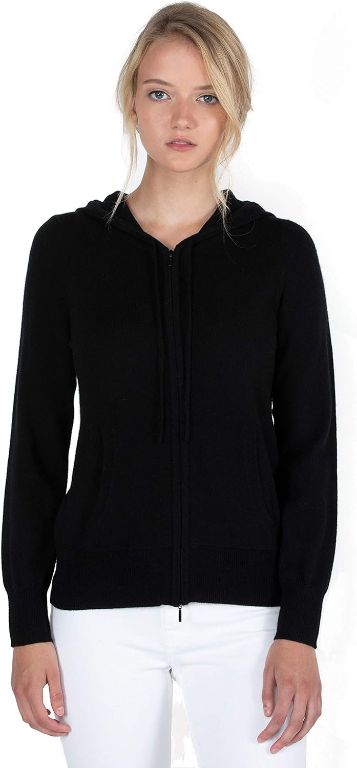 Women's 100% Pure Cashmere Long Sleeve Zip Hoodie Cardigan Sweater Large Black