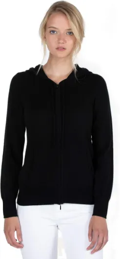 Women's 100% Pure Cashmere Long Sleeve Zip Hoodie Cardigan Sweater Large Black
