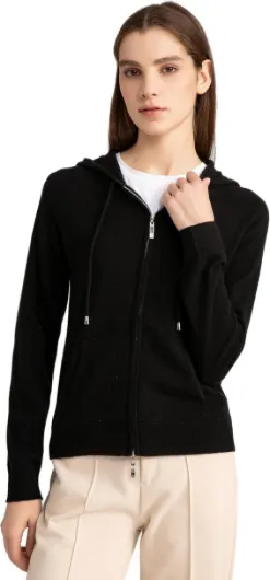 2-Way Zip Up Hoodie with Pockets and Zipper 100% Pure Cashmere Long Sleeve Sweater for Women Cashmere Hoodies Medium Black