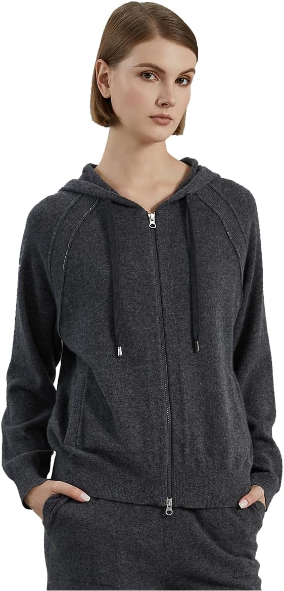 Premium Women's 100% Cashmere Knit Cardigan Soft Luxury Long Sleeve Zip up Sweater Hoodie, BC727 Small Dark Gray