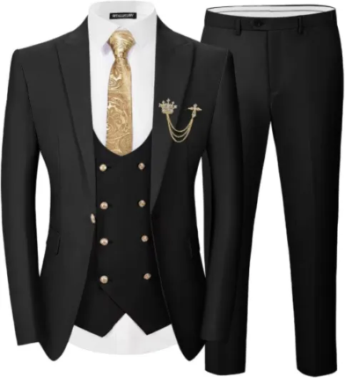 Men's 3 Piece Suits Slim Fit, Blazer Double Breasted Vest and Pants, Wedding Prom Business Suit with Gold Button Black XX-Small