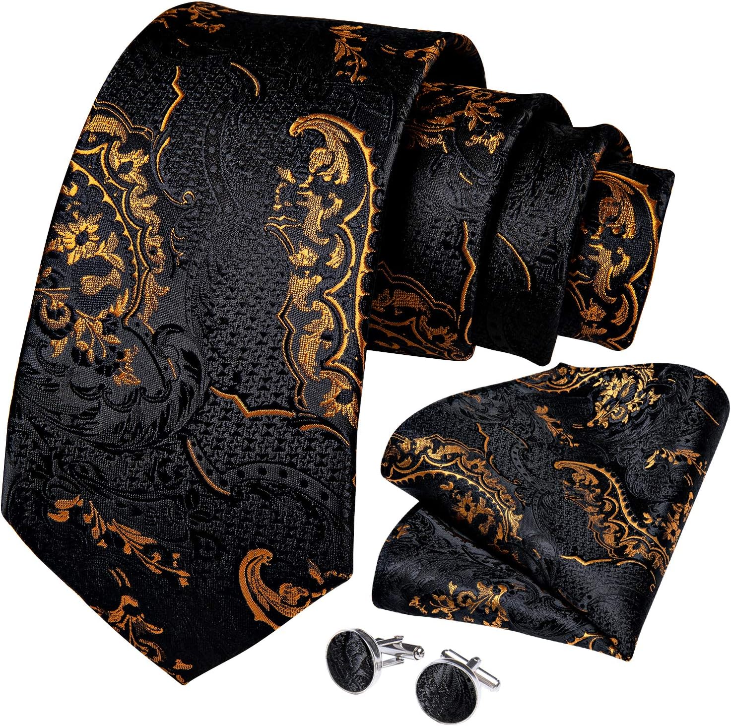 Mens Tie Set Silk Solid Paisley Necktie and Pocket Square Cufflinks Classic Formal Ties for Men Wedding Party Black Gold Paisley