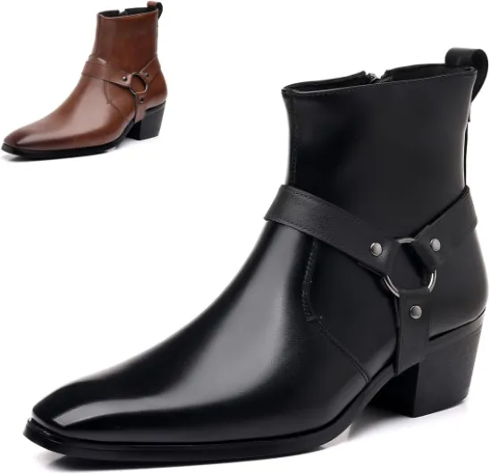 Men's Leather Chunky Heel Dress Chelsea Boots with Belt Buckle Fashion Classic Cap Toe Side Zipper Block High Heels High Top Formal Oxford Shoes Casual Business Chukka Booties Black 13