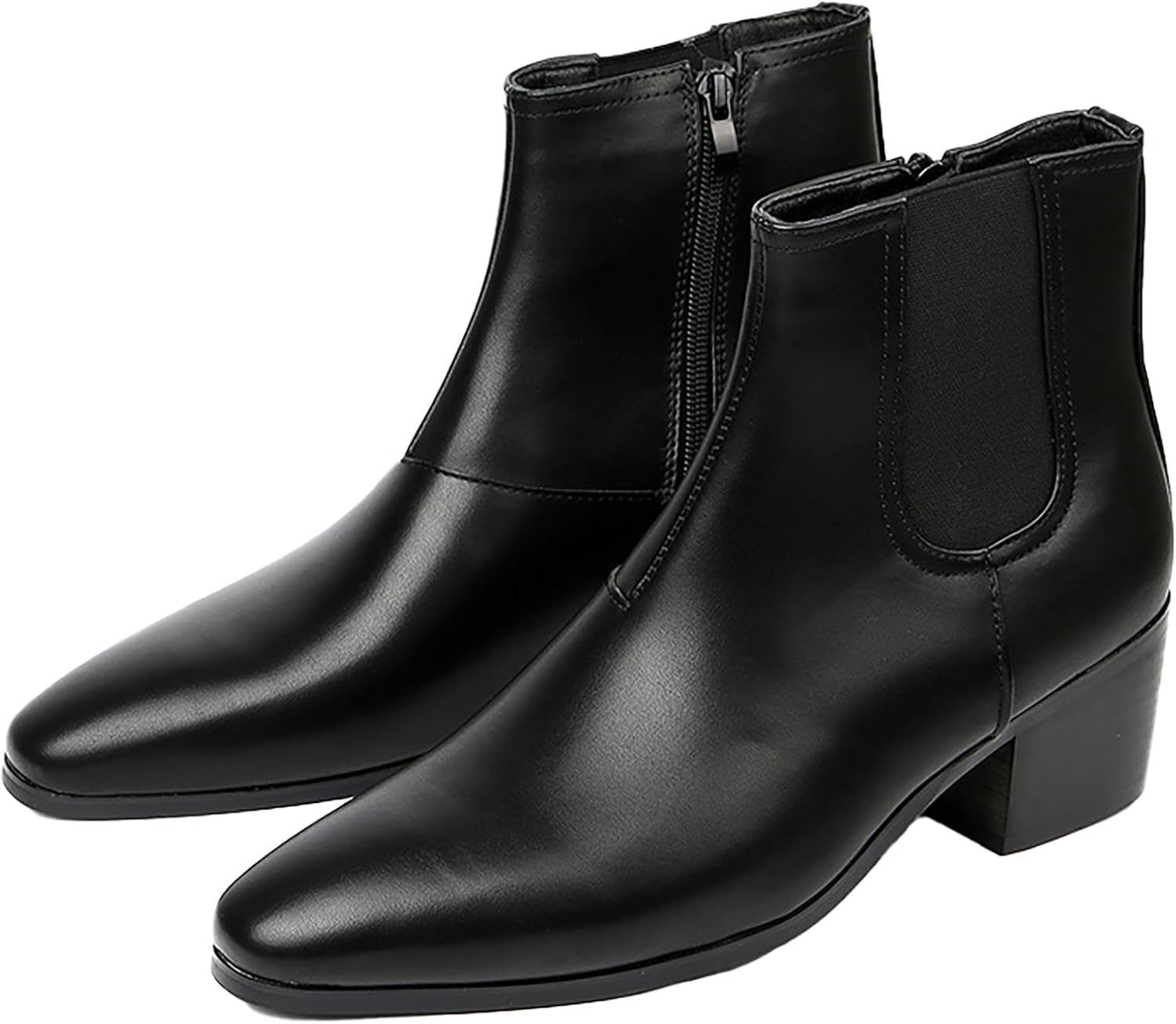 Men'S Classic Leather Chunky Heel Chelsea Boots With Side Zipper Fashion Pointed Toe Elastic Band High Top Block High Heel Formal Chukka Booties For Casual Business Party Wedding Black 12