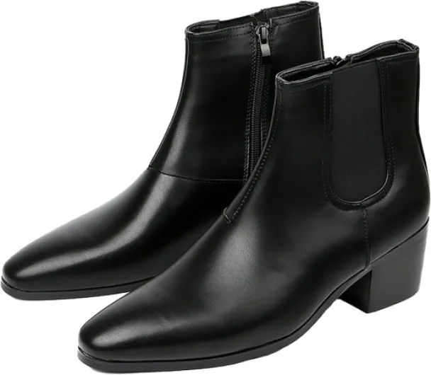 Men'S Classic Leather Chunky Heel Chelsea Boots With Side Zipper Fashion Pointed Toe Elastic Band High Top Block High Heel Formal Chukka Booties For Casual Business Party Wedding Black 12