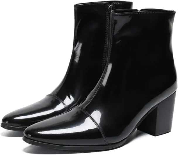 Mens Boots Casual Patent Leather Chelsea Dress Boots Zipper on Side Mid Calf Boots for Men 11 Black