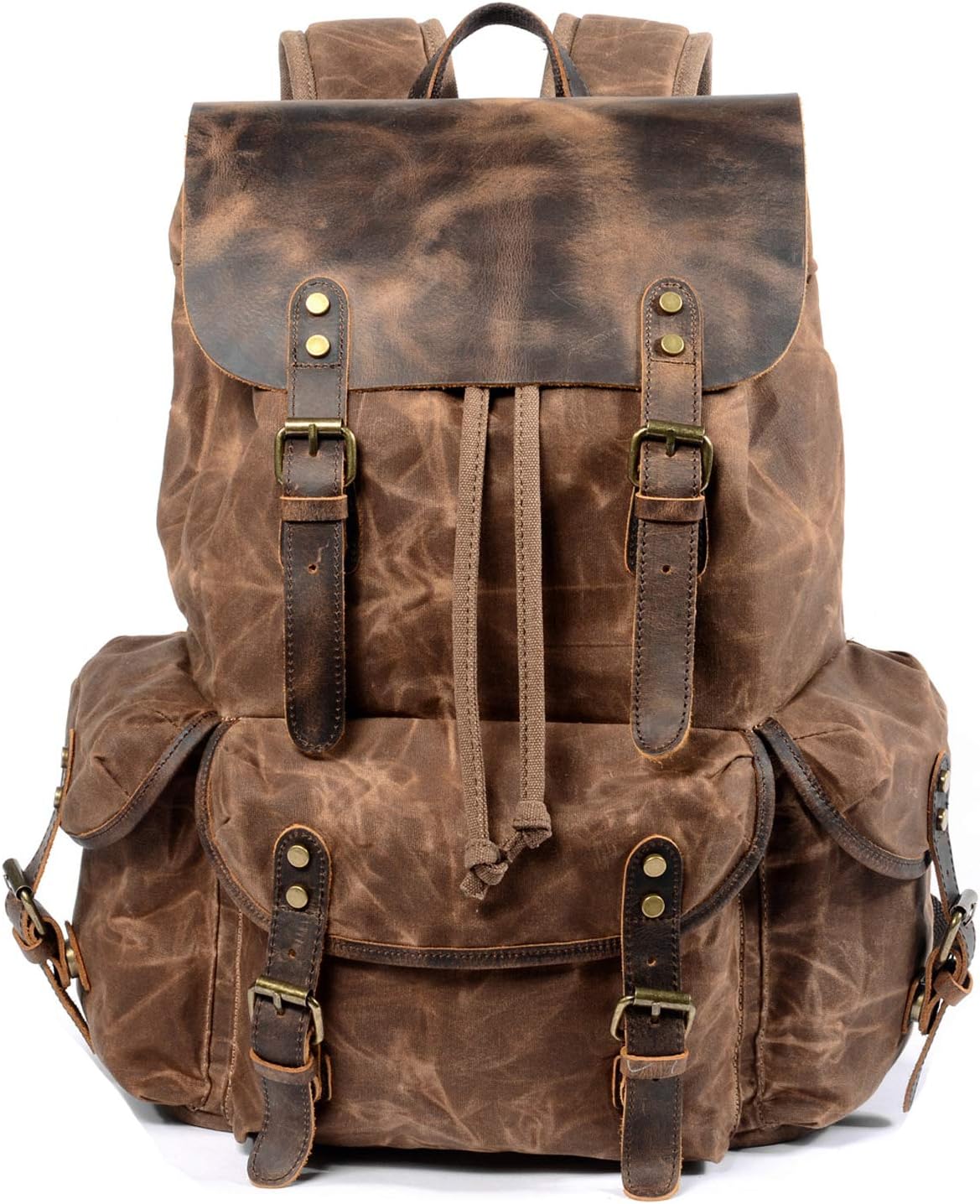Leather Backpack for Men, Waxed Canvas Shoulder Rucksack Carry-On Travel Backpack Coffee-regular