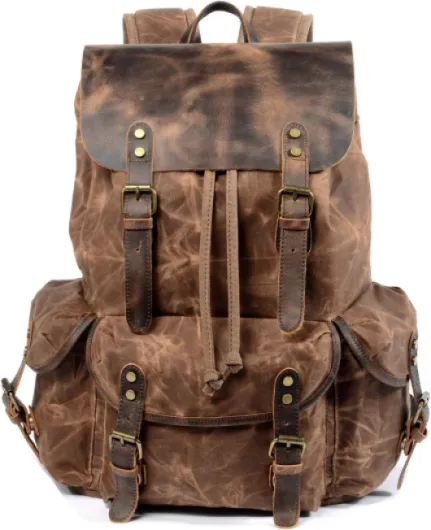 Leather Backpack for Men, Waxed Canvas Shoulder Rucksack Carry-On Travel Backpack Coffee-regular