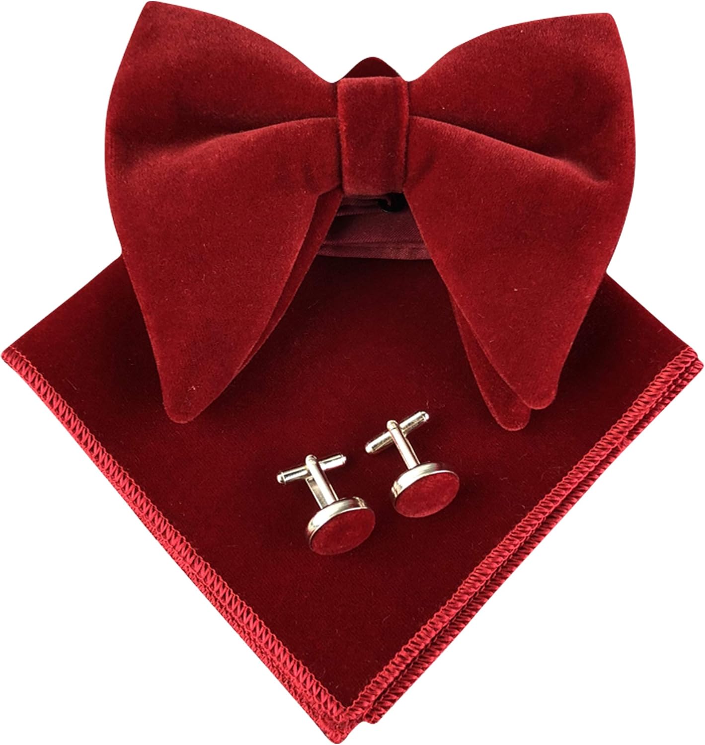 Mens Pre-Tied Oversize Bow Tie Tuxedo Velvet Bow tie Cuff links Hankie Combo Sets (Burgundy)