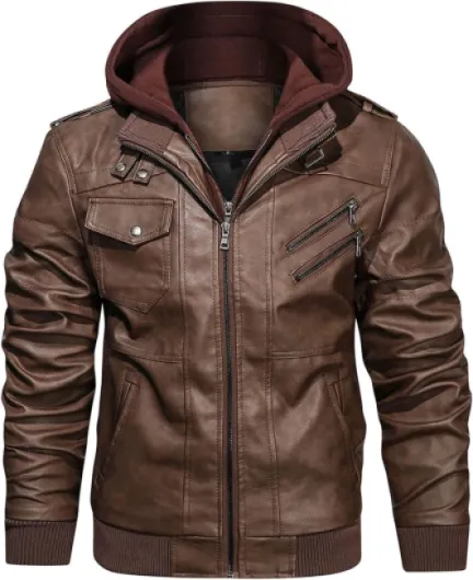 Men’s Casual Stand Collar PU Faux Leather Zip-Up Motorcycle Bomber Jacket With a Removable Hood Large Brown