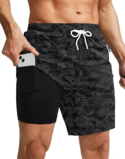 Men's Swim Trunks with Compression Liner Quick Dry Board Shorts Swimsuit Swimwear for Men with Zipper Pockets Medium Black Camo