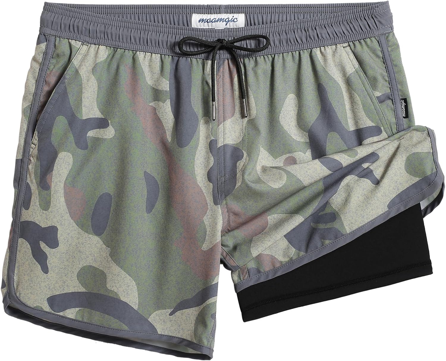 Mens Short 80s 90s Vintage 5.5" Swim Trunks Swimsuits Board Shorts Compression Liner Quick Dry 2 in 1 Beach Swimwear X-Large Camo Grey Green