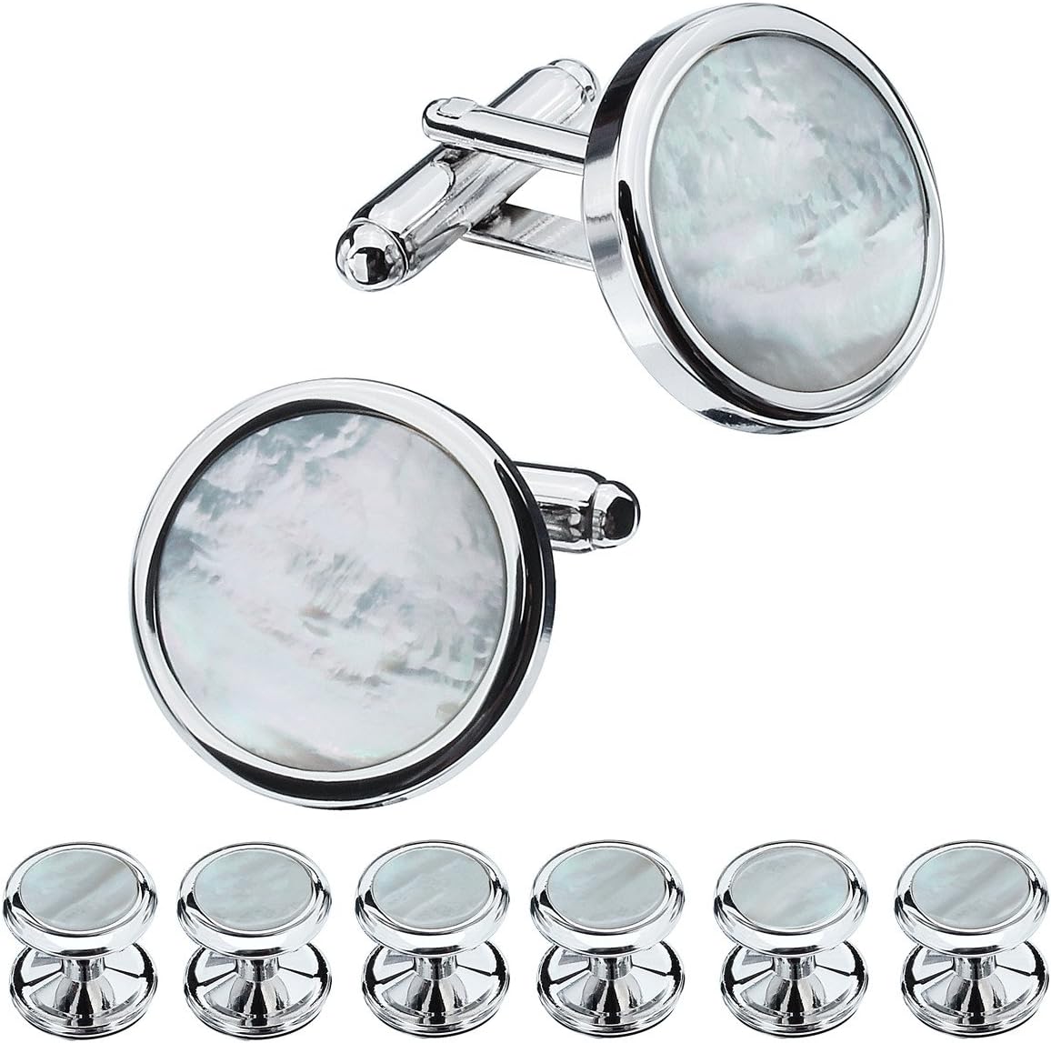 Fashion Mother-of-Pearl Tuxedo Shirt Button and Cufflink Set, Specially Designed for Wedding Business Silver Tone- MOP