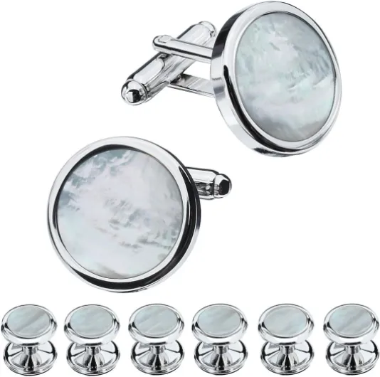 Fashion Mother-of-Pearl Tuxedo Shirt Button and Cufflink Set, Specially Designed for Wedding Business Silver Tone- MOP