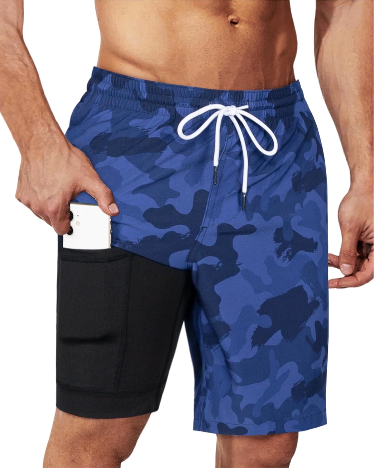 9" Mens Swim Trunks with Compression Liner Bathing Suits 2 in 1 Stretch Zipper Pockets Quick Dry Medium Dark Blue Camouflage