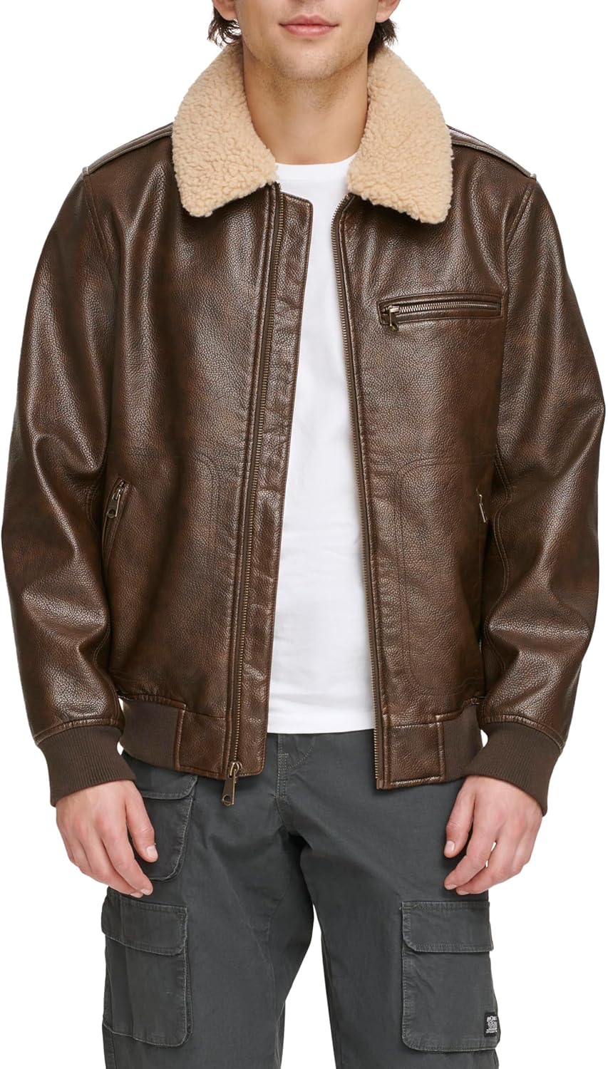 Levi's mens Levi's Men's Faux Leather Aviator Bomber Jacket With Sherpa Collar Medium Brown