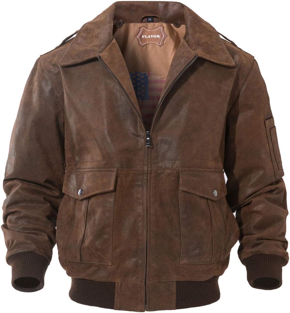 Men's Leather Flight Bomber Jacket Air Force Aviator Large Brown