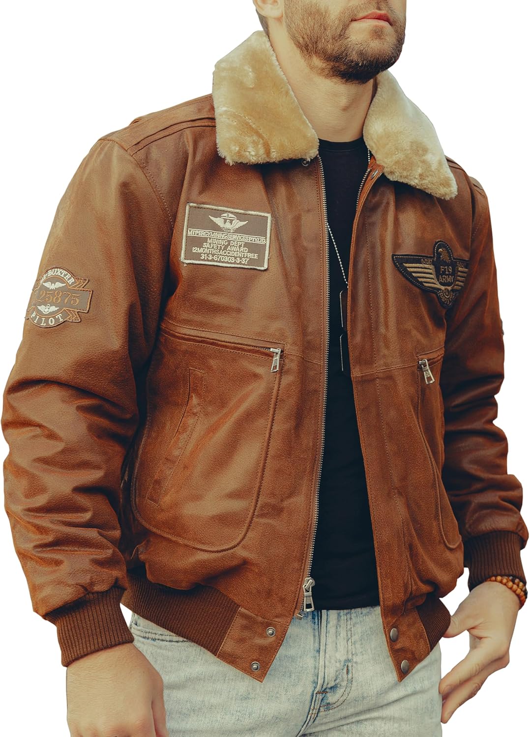 Men's Real Leather Bomber Jacket with Removable Fur Collar Aviator Medium Brown