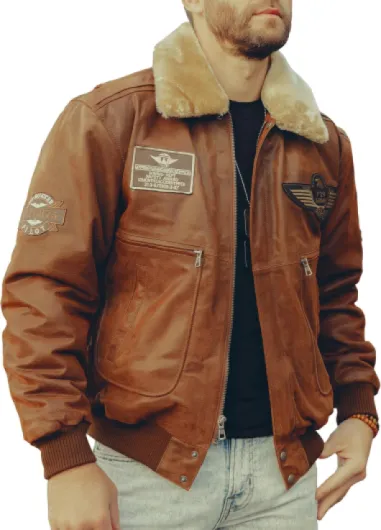 Men's Real Leather Bomber Jacket with Removable Fur Collar Aviator Medium Brown