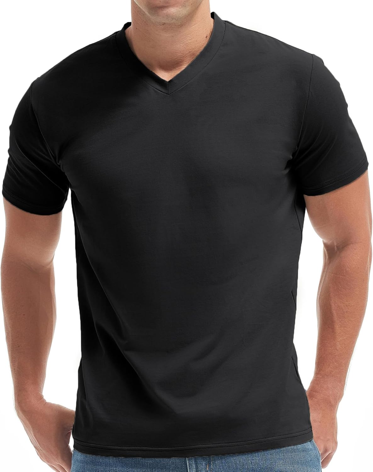 Premium V Neck T Shirts for Men - Modern Fitted Tees Vneck Undershirts V8 Black Large