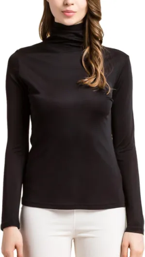Silk Tops Turtleneck Long Sleeve Silk T Shirt Ultra Soft Thermal Layer Tops Slim High Neck Blouse Black Medium