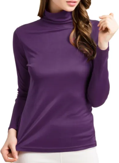 Womens Silk Tops Turtleneck Long Sleeve Mulberry Silk Thermal Shirts Layer Tops Slim High Neck Blouse Undershirts X-Large Purple