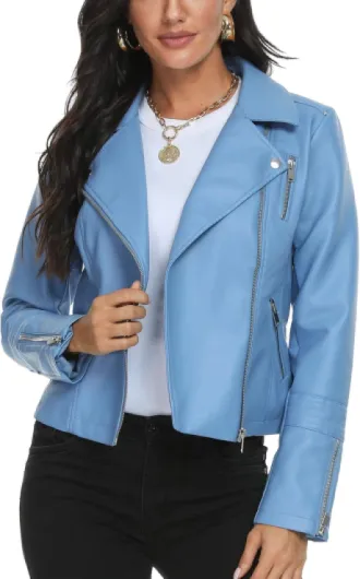 Faux Leather Jacket for Women, Vegan Jackets Moto Biker Motocycle Coat XX-Large Blue