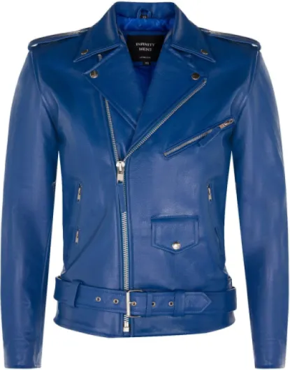 Men's Leather Brando Biker Jacket Rock Motorcycle Retro Hide Biker Jacket X-Large Blue