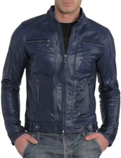 AM Leather Men's Black Genuine Lambskin Leather Biker Jacket VINTAGE REAL MOTORCYCLE JACKETS FOR MEN Small Navy Blue