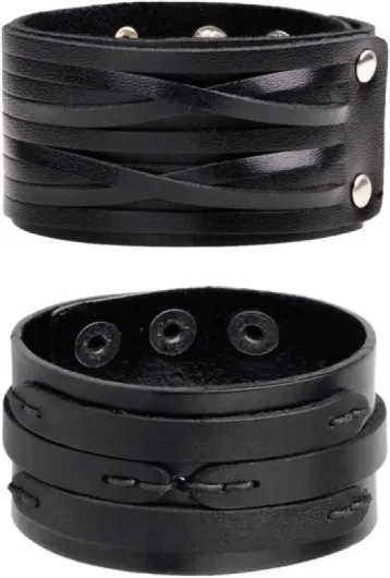 Punk Leather Cuff Bracelet, 2PCS Vintage Leather Wristband for Men Women Black