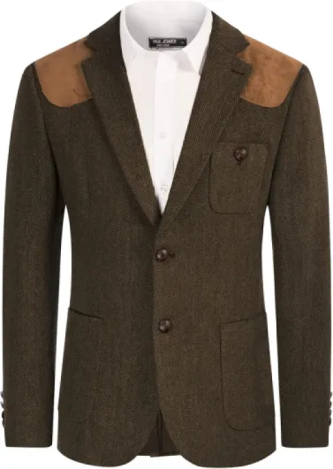 Men's Blazer Herringbone Tweed Sport Coats Two Button Wool Blend Formal Jacket Medium Dark Brown