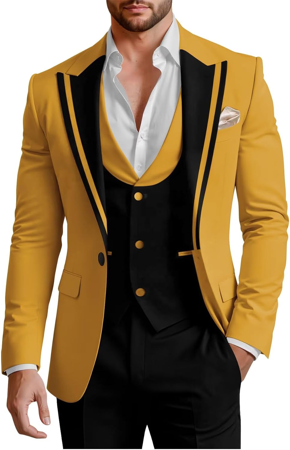 3 Piece Black Tuxedo for Men Slim Fit Mens Wedding Suit Set Prom Groom Suits Regular Blazer Vest Pants & Bows Tie Gold Medium