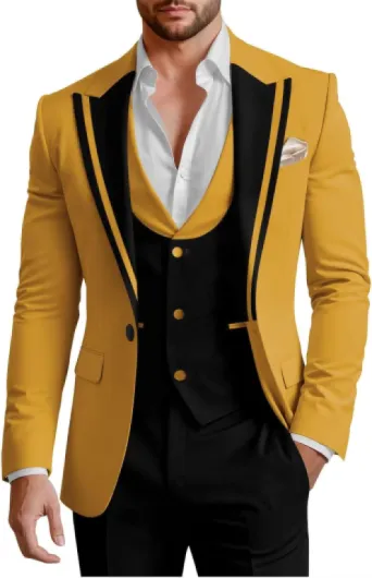 3 Piece Black Tuxedo for Men Slim Fit Mens Wedding Suit Set Prom Groom Suits Regular Blazer Vest Pants & Bows Tie Gold Medium