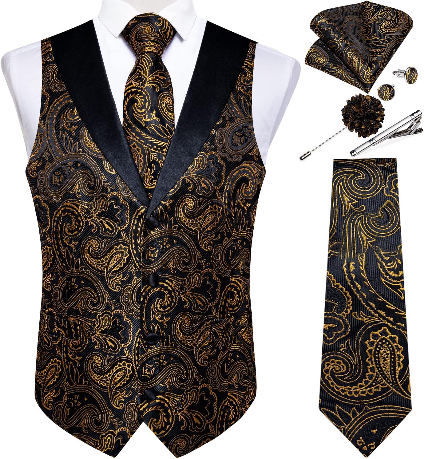 Mens Paisley Suit Vest Silk Jacquard Waistcoat and Necktie Set Formal Shawl Collar Dress Vest 7PCS for Wedding Party Large Black and Gold