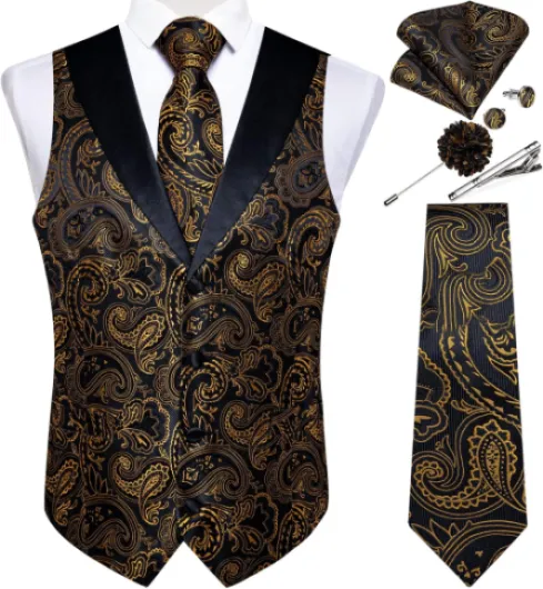 Mens Paisley Suit Vest Silk Jacquard Waistcoat and Necktie Set Formal Shawl Collar Dress Vest 7PCS for Wedding Party Large Black and Gold