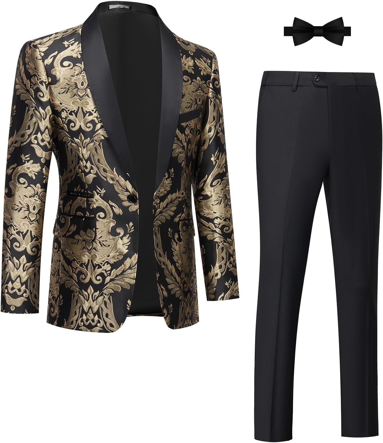 Tuxedo Suits for Men 2 Piece Regular Fit Suit Floral Blazer Jacket Waistcoat Pants Men Suit Set for Wedding Prom Small Black & Gold-2pcs