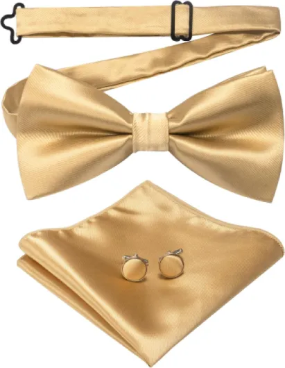 Mens Solid Color Pre-tied Bow Tie and Pocket Square Cufflink Set Gold