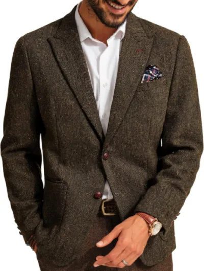 Mens Blazer Vintage Herringbone Tweed Blazer Two Button Wool Blend Sport Coat with Pocket Square Brown Large