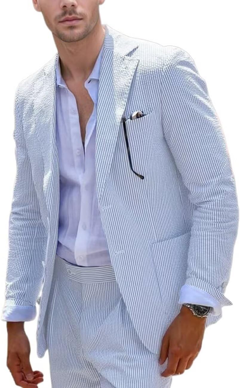 Blue Seersucker Suits 2 Piece Casual Summer Beach Men Suits Wedding Grooms Jacket Pants Striped Suit Set Light Blue 3X-Large