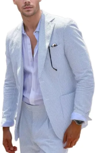 Blue Seersucker Suits 2 Piece Casual Summer Beach Men Suits Wedding Grooms Jacket Pants Striped Suit Set Light Blue 3X-Large