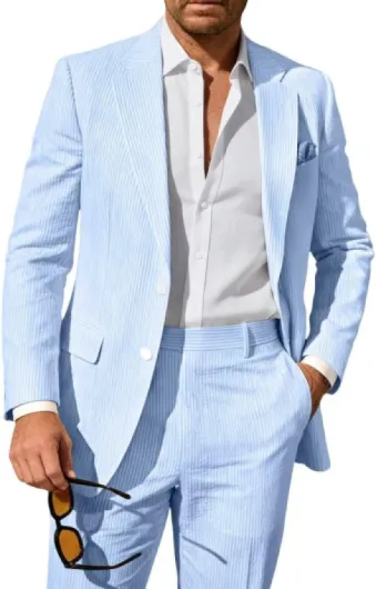 Seersucker Suit Mens 2 Piece Summer Beach Wedding Outfit for Men Classic Fit Casual Sear Sucker Suit for Grooms Prom Party X-Large Light Blue