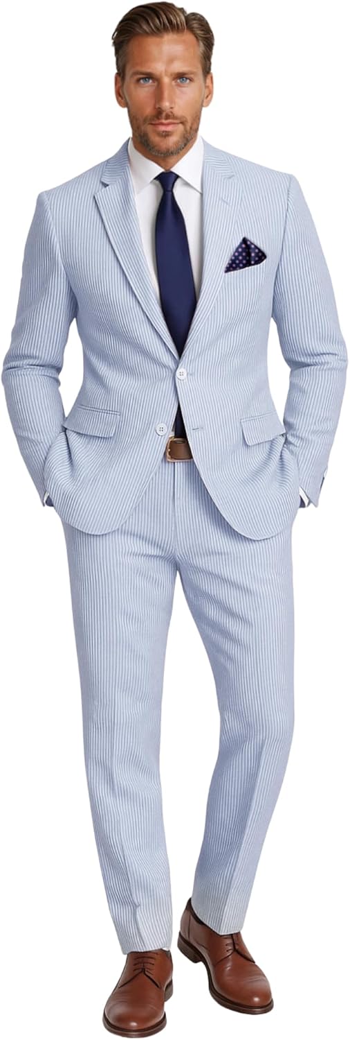 Emigre Men's 100% Cotton Striped Seersucker Suit 46 Short Blue