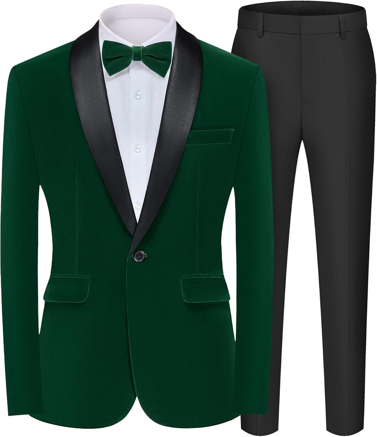 Men's 2 Piece Velvet Suit Peak Lapel One Button Slim Fit Tuxedo Blazer Party Dinner Jacket & Pants 3X-Large Green-shawl Lapel