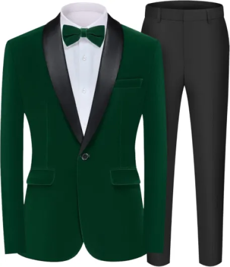 Men's 2 Piece Velvet Suit Peak Lapel One Button Slim Fit Tuxedo Blazer Party Dinner Jacket & Pants 3X-Large Green-shawl Lapel